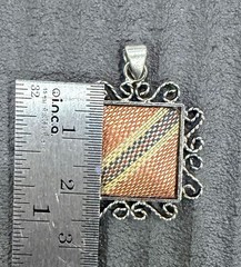 Vintage Style Filigree Pendant Fabric Inlay Square Silver Tone Charm Textile