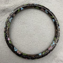 Vintage Cloisonne Bangle Bracelet Gold Tone Black Enamel 8”