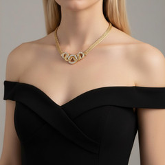 Vintage Gold Woven Mesh Collar Necklace Interlocking Ring Pierced Clip Earring