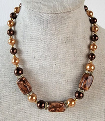 Vtg. Golden Brown Millefiori Glass Faux-Pearls Rhinestones Beaded Necklace 15″