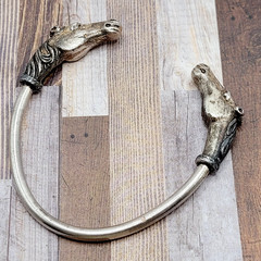 Double Horse Head Pewter Plated Copper w Patina Vintage 70s Torque Cuff Bracelet