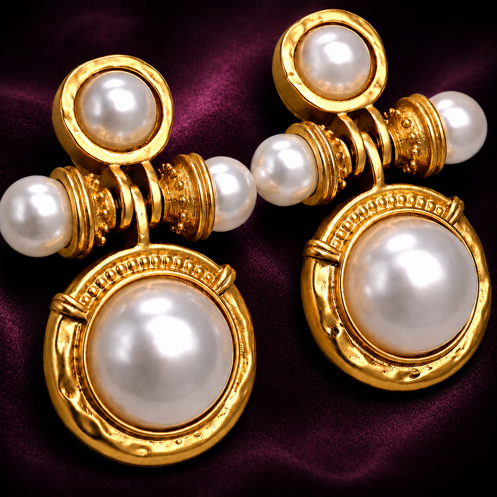 Kovonchy Faux Pearl Mogul Drop Earrings S925 Posts Gold Tone Statement