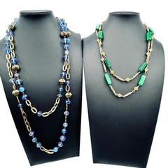 Vintage Station Bead Long Necklaces Green Blue Glass Beads Gold Tone 36″ 48″ 60s