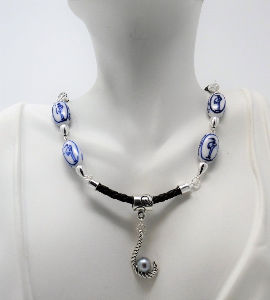 Vintage Japanese Sandpiper Porcelain Handcrafted Blue Akoya Pearl Necklace OOAK