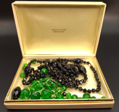 Antique Czech Glass Beads Lot Green Black Hand Cut Faceted w/ Box