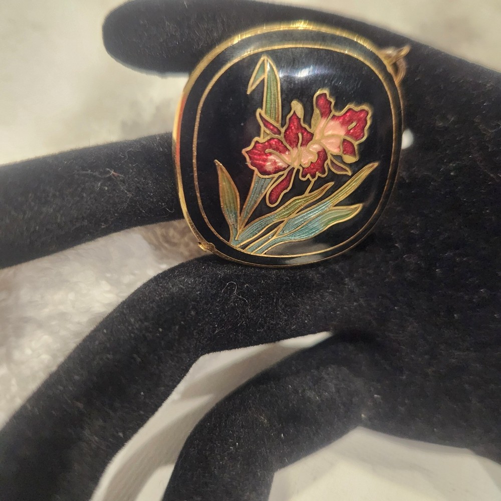 Vintage Cloisonne Enamel Floral Orchid Pendant Black Gold Tone Square 1.25 Inch