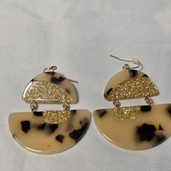 Half Moon Acrylic Resin Wire Earrings Blonde Tortoise Shell Gold Glitter Accents