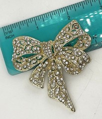 Vintage Monet Gold-Tone Rhinestone Bow Brooch -Statement Pavé Crystal Ribbon Pin
