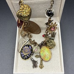 Vintage Brassy-Bronzy Chain Necklace of Mixed Metals: Heart, Bird, Deer, Angel +
