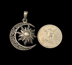 VTG Sterling Silver SUN & Crescent MOON Boho Celestial Pendant 1.5” Statement