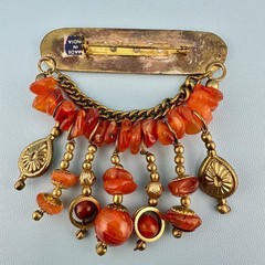 Vintage Bar Brooch Gold Tone Dangle Chains Carnelian Stone Beads Boho India