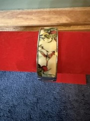 Vintage 1980’s Enamel Hinged Cuff Bracelet Floral And Birds