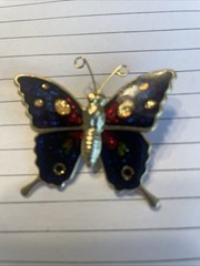 Vintage Blue Enamel Butterfly Brooch Gold Tone