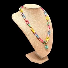 VTG Chunky Paperclip Chain Bright Colors Drop Pendant Statement Necklace 19″