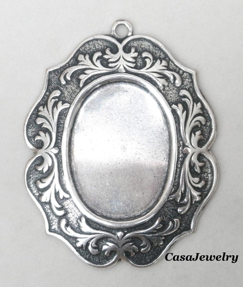 #4181 ANTIQUED STERLING SILVER PLATED 25×18 BORDERED BEZEL W/TOP RING – 1 Pc