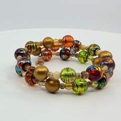Vintage Gold Tone Lampwork Art Glass Beaded Coil Wrap Bracelet Chunky Boho 90s