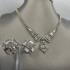 Vintage Art Deco Rhinestone Necklace Earrings Set Clear Baguette Pave Lot 15″