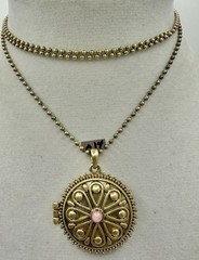 Lucky Brand Locket Necklace Pink Cabochon Brass Tone Boho Floral Medallion 32”