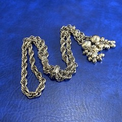 Vtg Silver Tone Metal Rope Bolo Slide Ball Tassel Bold Lariat Statement Necklace