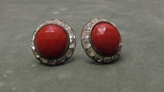 Vintage Red Faceted Stone Screw Back Earrings w/ Clear Rhinestone Surround