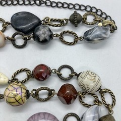 Vtg Boho Statement Bead Brass Chain Link Statement Necklace 34” Signed