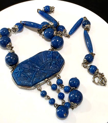 Vintage ART DECO Czech Blue Lapis Exotic Glass Bird Pendant Necklace 14″ Bohemia