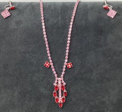 Vintage Pink And Red Rhinestone 16” Necklace Set With Earrings