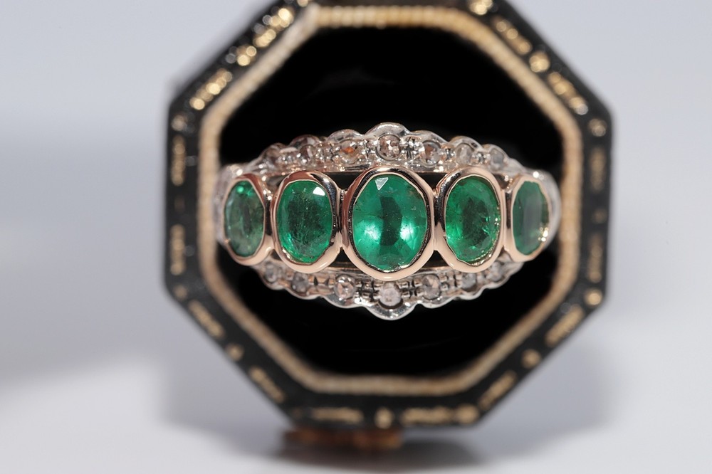 Antique 14k Gold Top Silver Natural Rose Cut Diamond And Emerald Ring