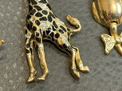 VTG CRAFT Giraffe Lot Of 3 Cat Owl Brooch Pin Gold Tone Black Enamel Rhinestone