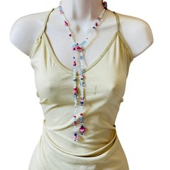 VTG pink Opalescent wrap Necklace Opalite Art Glass Beads moonglow long 38″ rare