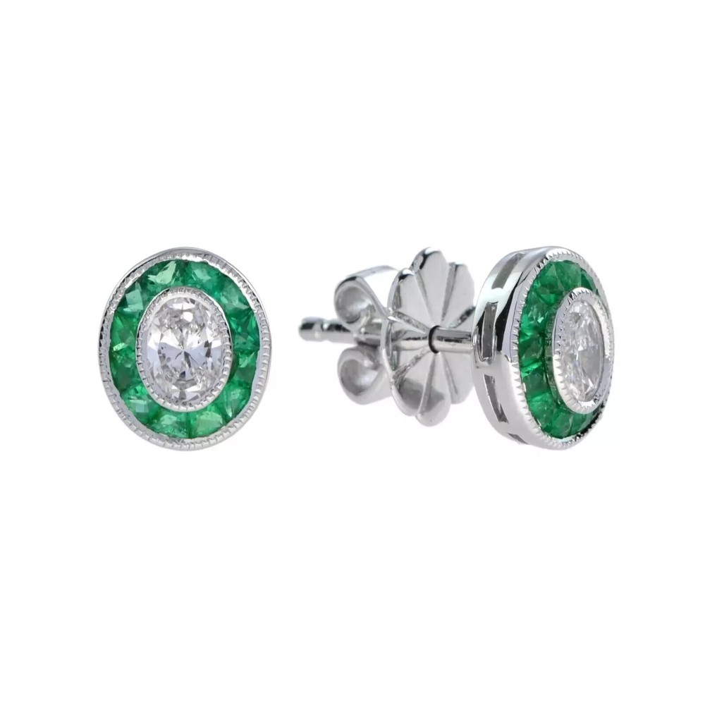 Art Deco Style Simulated Diamond Emerald Wedding Earring 14K White Gold FN