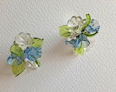 Vintage Italy Murano Blue Venetian Glass Flower Cluster Clip Earrings