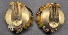 Vintage HONG KONG Clip On Earrings Amber Glass Stone Cluster Gold Tone