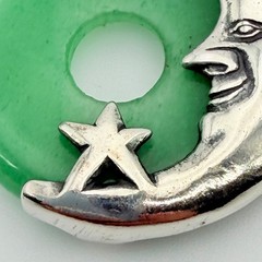 Vintage Crescent Man in the Moon Sterling Silver And Jade Jadiete Pendant NOS