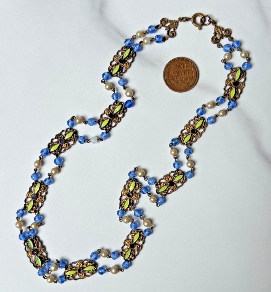 ANTIQUE Nouveau/Deco Bohemia Czech Glass & Enamel Gilt Choker 18″ Necklace, LOSS