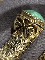 Vintage Whiting & Davis Mesh Snake Wrap Bracelet Green Peking Glass Cabachon