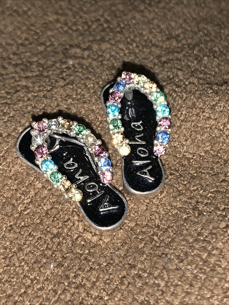 Vintage Aloha Charm Sandal Set Pair Black Enamel Stones