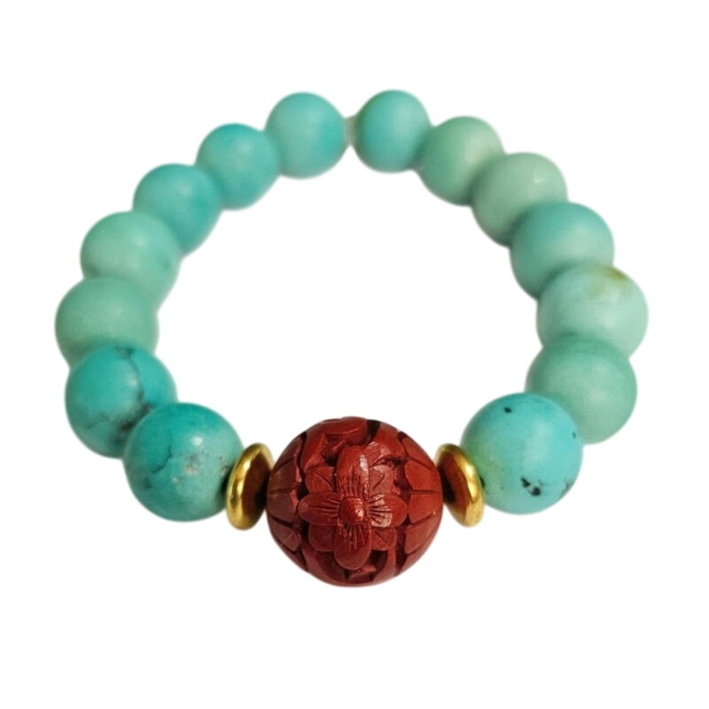 “Imperial Garden” Upcycled Cinnabar & Turquoise Statement Bracelet
