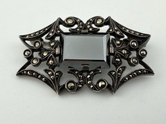 Antique Sterling Silver Unmarked natural hematite brooch Trombone Clasp 1.5”X1”
