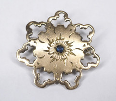 Antique gold over brass/bronze brooch pin with blue stone jewelry