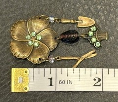 Vintage Pansy Brooch Garden Tools Dangle Flower Basket Gold Tone Rhinestones