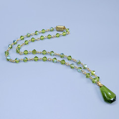 Necklace 18” Green Glass Czech Vintage Beads Women`s Jewelry Art Deco Style