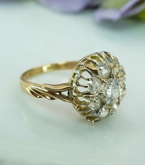 Antique Victorian Old European Mine cut Diamond Filigree Halo Ring 14K Gold