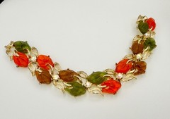 mid century jelly lucite goldtone leaves bracelet earring set orange green & ab