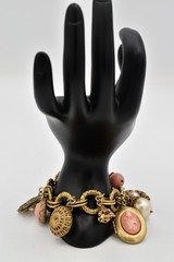 Carolee Vintage Charm Locket Bracelet Antiqued Gold Pink Floral Signed 80s BinBR