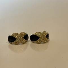 Roman Earrings X Criss Cross Rhinestones Black Enamel Gold Tone Pierced Vintage