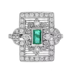 2.84Ct Art Deco Style Green Lab Created Emerald & Diamond 14K White Gold FN Ring