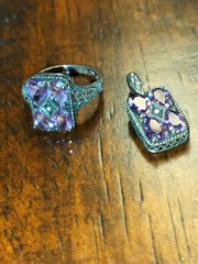 Vintage Art Deco Ring And/Necklace Charm Amethysts W/Center Diamond 925 Silver