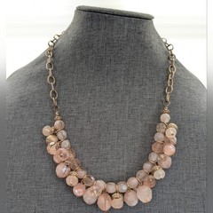 Trendy Feminine Light Pink Beaded Cluster Gold Tone Chain Statement Necklace
