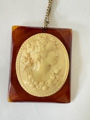 Vinatge Carved Bakelite & Celluloid? Cameo Pendant Necklace
